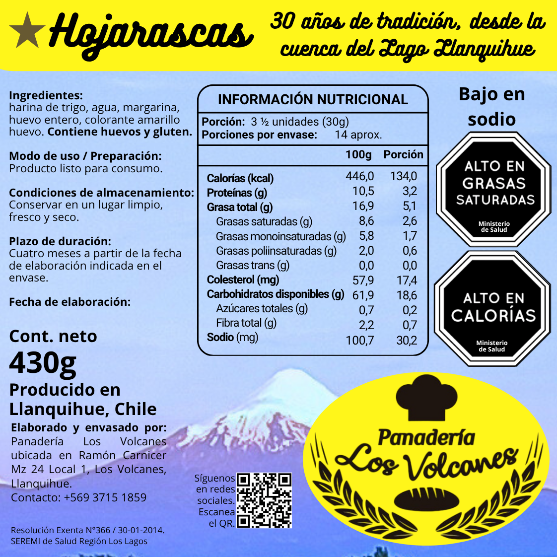 Etiqueta e información nutricional de las hojarascas Panadería Los Volcanes